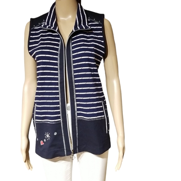 Dolcezza Long Fall Spring Vest Wearable Art / Sz S / Navy blue, white - Picture 3 of 17